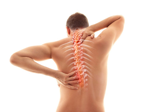 Man illustrating pain in his back and the structures of the back and spine