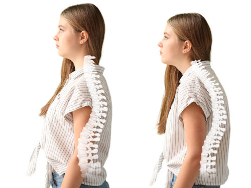 woman displaying examples of good and bad posture and spine alignment